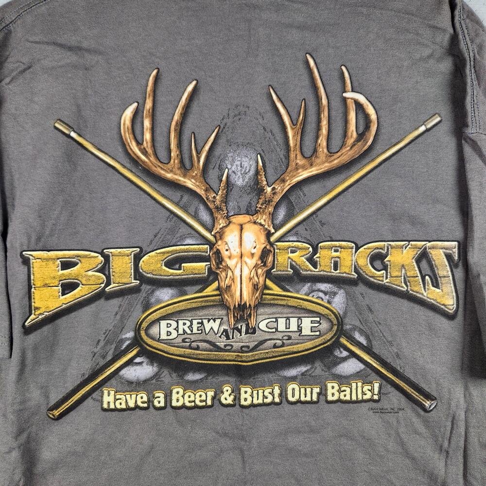 Vintage Big Racks Shirt Mens XL Gray Deer Skull Antlers Brew N Cue Y2K Pool Logo